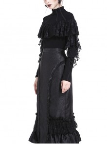 Gothic Style Elegant Stand Collar Retro Exquisite Lace Black Knitted Long Sleeves Slim T Shirt