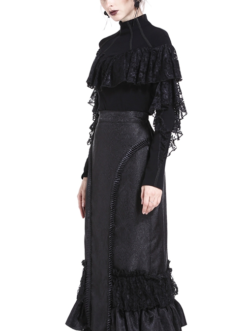 Gothic Style Elegant Stand Collar Retro Exquisite Lace Black Knitted Long Sleeves Slim T Shirt
