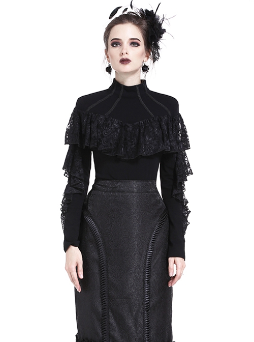 Gothic Style Elegant Stand Collar Retro Exquisite Lace Black Knitted Long Sleeves Slim T Shirt