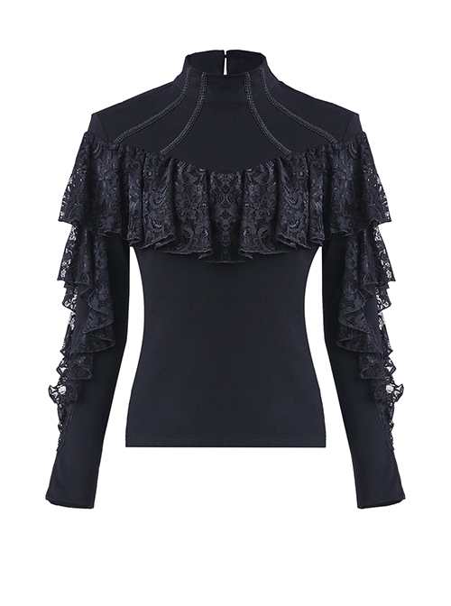 Gothic Style Elegant Stand Collar Retro Exquisite Lace Black Knitted Long Sleeves Slim T Shirt