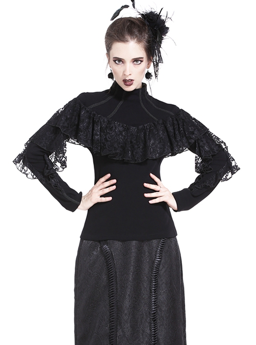 Gothic Style Elegant Stand Collar Retro Exquisite Lace Black Knitted Long Sleeves Slim T Shirt