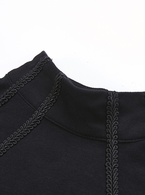 Gothic Style Elegant Stand Collar Retro Exquisite Lace Black Knitted Long Sleeves Slim T Shirt