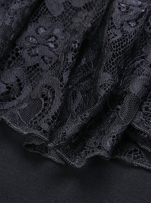 Gothic Style Elegant Stand Collar Retro Exquisite Lace Black Knitted Long Sleeves Slim T Shirt