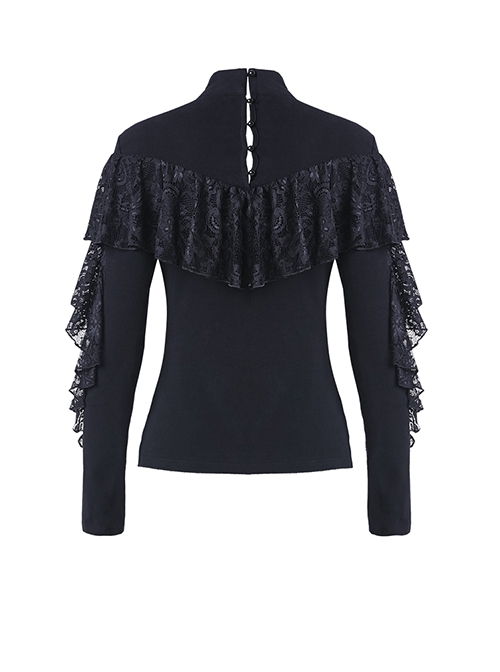 Gothic Style Elegant Stand Collar Retro Exquisite Lace Black Knitted Long Sleeves Slim T Shirt