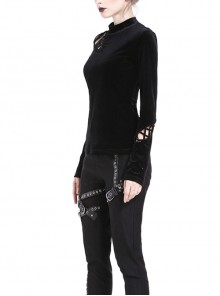 Punk Style Luxury Velvet Personalized Side Shoulder Cutout Cross Lace Up Black Slim Long Sleeves T Shirt