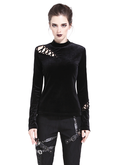 Punk Style Luxury Velvet Personalized Side Shoulder Cutout Cross Lace Up Black Slim Long Sleeves T Shirt