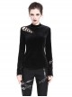 Punk Style Luxury Velvet Personalized Side Shoulder Cutout Cross Lace Up Black Slim Long Sleeves T Shirt