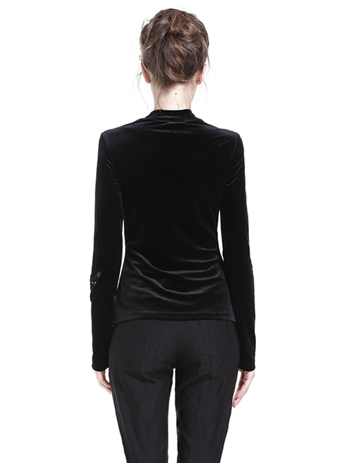 Punk Style Luxury Velvet Personalized Side Shoulder Cutout Cross Lace Up Black Slim Long Sleeves T Shirt