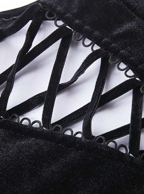 Punk Style Luxury Velvet Personalized Side Shoulder Cutout Cross Lace Up Black Slim Long Sleeves T Shirt