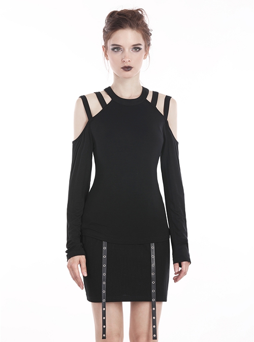 Punk Style Sexy Off Shoulder Design Versatile Daily Black Stretch Knit Long Sleeves Slim T Shirt