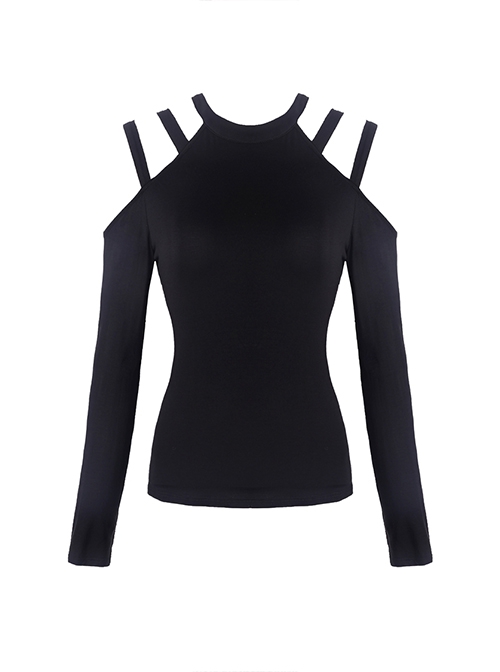 Punk Style Sexy Off Shoulder Design Versatile Daily Black Stretch Knit Long Sleeves Slim T Shirt