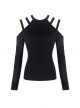 Punk Style Sexy Off Shoulder Design Versatile Daily Black Stretch Knit Long Sleeves Slim T Shirt