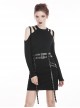 Punk Style Sexy Off Shoulder Design Versatile Daily Black Stretch Knit Long Sleeves Slim T Shirt