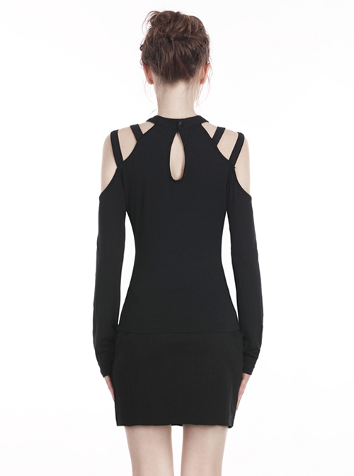 Punk Style Sexy Off Shoulder Design Versatile Daily Black Stretch Knit Long Sleeves Slim T Shirt