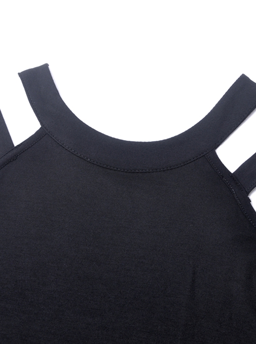 Punk Style Sexy Off Shoulder Design Versatile Daily Black Stretch Knit Long Sleeves Slim T Shirt