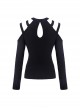 Punk Style Sexy Off Shoulder Design Versatile Daily Black Stretch Knit Long Sleeves Slim T Shirt