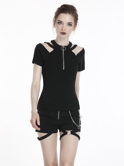 Punk Style Personalized Metal Round Zip Off Shoulder Design Daily Black Knit Short Sleeves T Shirt
