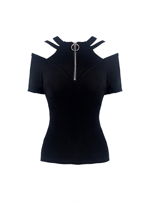 Punk Style Personalized Metal Round Zip Off Shoulder Design Daily Black Knit Short Sleeves T Shirt