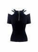 Punk Style Personalized Metal Round Zip Off Shoulder Design Daily Black Knit Short Sleeves T Shirt