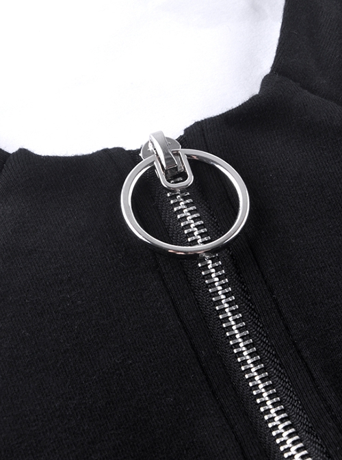 Punk Style Personalized Metal Round Zip Off Shoulder Design Daily Black Knit Short Sleeves T Shirt