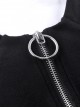 Punk Style Personalized Metal Round Zip Off Shoulder Design Daily Black Knit Short Sleeves T Shirt