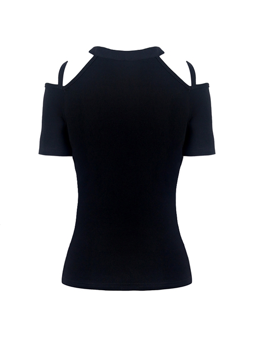 Punk Style Personalized Metal Round Zip Off Shoulder Design Daily Black Knit Short Sleeves T Shirt