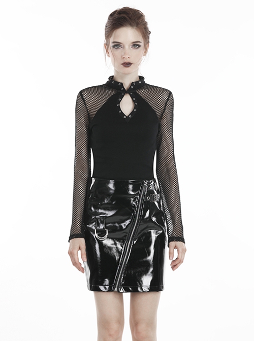 Punk Style Chinese Knot Button Stand Collar Chest Hollow Sexy Mesh Stitching Black Long Sleeves T Shirt