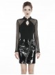 Punk Style Chinese Knot Button Stand Collar Chest Hollow Sexy Mesh Stitching Black Long Sleeves T Shirt