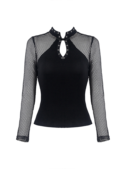 Punk Style Chinese Knot Button Stand Collar Chest Hollow Sexy Mesh Stitching Black Long Sleeves T Shirt