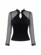 Punk Style Chinese Knot Button Stand Collar Chest Hollow Sexy Mesh Stitching Black Long Sleeves T Shirt
