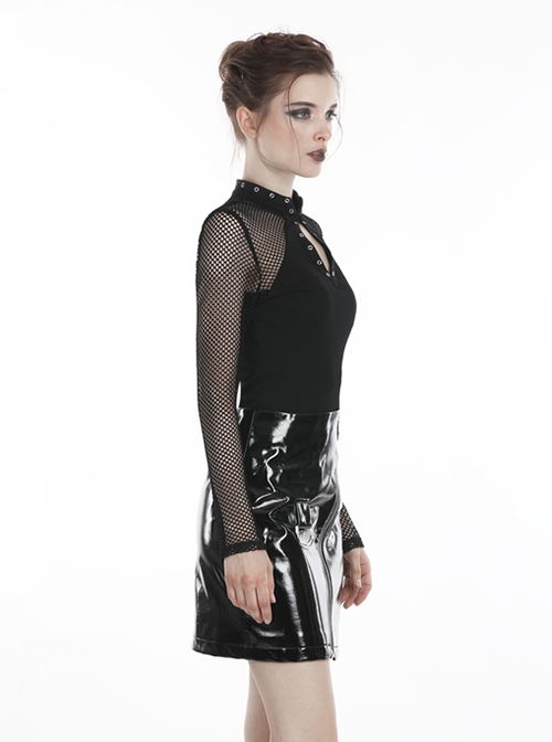 Punk Style Chinese Knot Button Stand Collar Chest Hollow Sexy Mesh Stitching Black Long Sleeves T Shirt