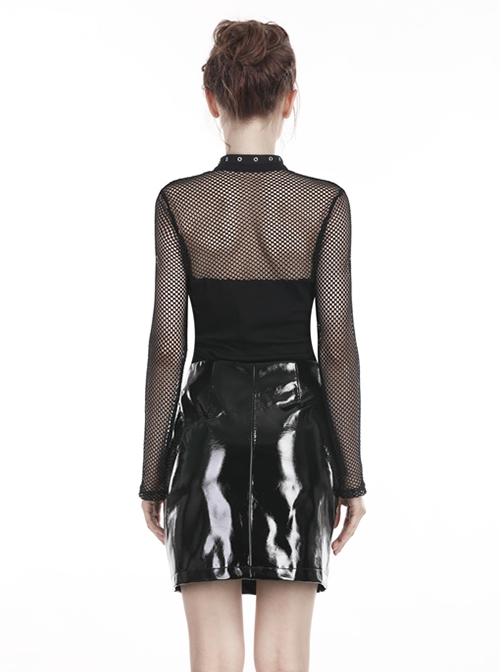 Punk Style Chinese Knot Button Stand Collar Chest Hollow Sexy Mesh Stitching Black Long Sleeves T Shirt