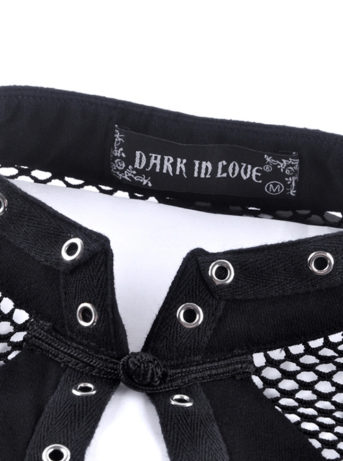 Punk Style Chinese Knot Button Stand Collar Chest Hollow Sexy Mesh Stitching Black Long Sleeves T Shirt