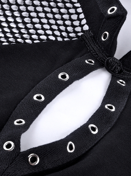 Punk Style Chinese Knot Button Stand Collar Chest Hollow Sexy Mesh Stitching Black Long Sleeves T Shirt