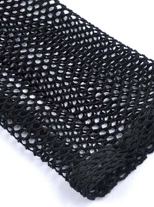 Punk Style Chinese Knot Button Stand Collar Chest Hollow Sexy Mesh Stitching Black Long Sleeves T Shirt
