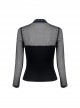 Punk Style Chinese Knot Button Stand Collar Chest Hollow Sexy Mesh Stitching Black Long Sleeves T Shirt