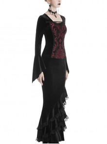 Gothic Style Luxury Velvet V Neck Lace Straps Exquisite Fuchsia Embroidery Black Trumpet Sleeves T Shirt