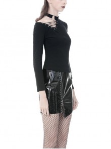 Punk Style Sexy Hollow Shoulder Metal Ring Buckle Daily Black Knitted Stretch Long Sleeves Slim T Shirt