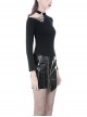 Punk Style Sexy Hollow Shoulder Metal Ring Buckle Daily Black Knitted Stretch Long Sleeves Slim T Shirt