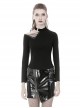 Punk Style Sexy Hollow Shoulder Metal Ring Buckle Daily Black Knitted Stretch Long Sleeves Slim T Shirt