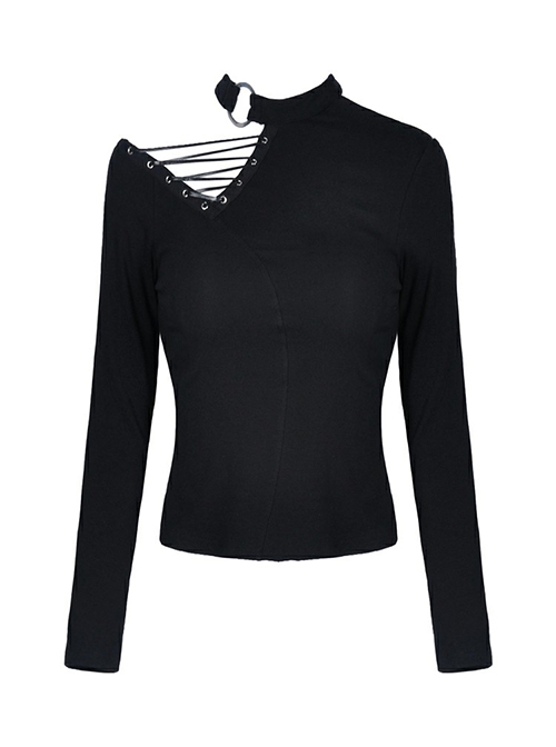 Punk Style Sexy Hollow Shoulder Metal Ring Buckle Daily Black Knitted Stretch Long Sleeves Slim T Shirt