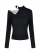 Punk Style Sexy Hollow Shoulder Metal Ring Buckle Daily Black Knitted Stretch Long Sleeves Slim T Shirt