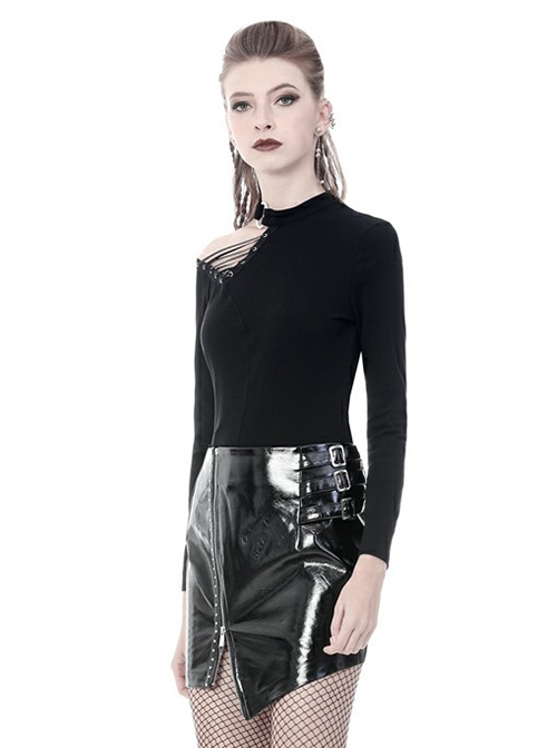 Punk Style Sexy Hollow Shoulder Metal Ring Buckle Daily Black Knitted Stretch Long Sleeves Slim T Shirt