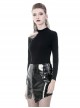Punk Style Sexy Hollow Shoulder Metal Ring Buckle Daily Black Knitted Stretch Long Sleeves Slim T Shirt