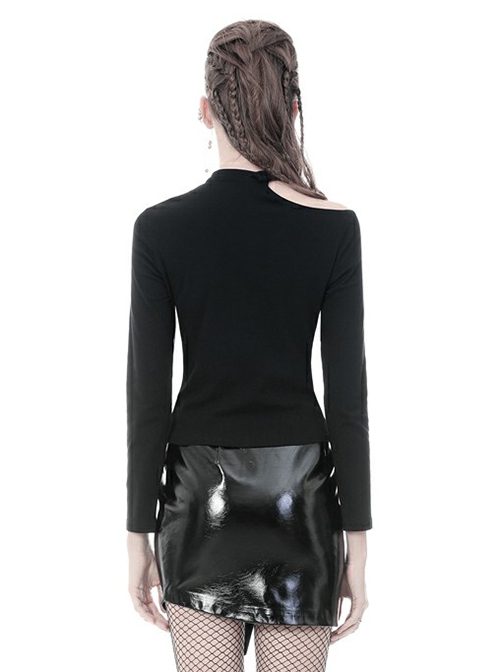 Punk Style Sexy Hollow Shoulder Metal Ring Buckle Daily Black Knitted Stretch Long Sleeves Slim T Shirt