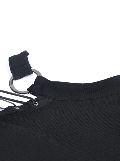Punk Style Sexy Hollow Shoulder Metal Ring Buckle Daily Black Knitted Stretch Long Sleeves Slim T Shirt