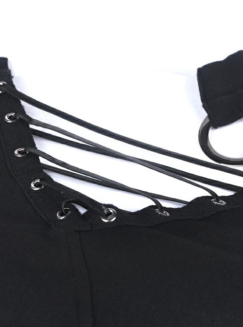 Punk Style Sexy Hollow Shoulder Metal Ring Buckle Daily Black Knitted Stretch Long Sleeves Slim T Shirt