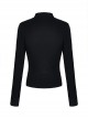 Punk Style Sexy Hollow Shoulder Metal Ring Buckle Daily Black Knitted Stretch Long Sleeves Slim T Shirt