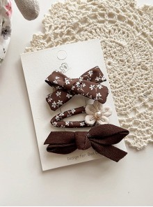 Korean Style Cute Dark Brown Small Floral Pearl Flowers Ribbon Bowknot Kawaii Fashion BB Clip Hairpin Set