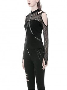 Punk Style Sexy Off Shoulder Cool Leather Straps Metal Eyelets Black Mesh Long Sleeves T Shirt